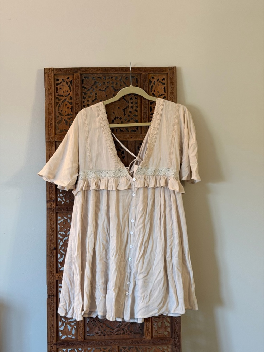 Boho Tie-Back Mini Dress in Light Beige